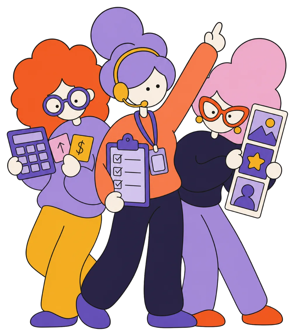 Illustrated team of agency characters representing lumio's account management
